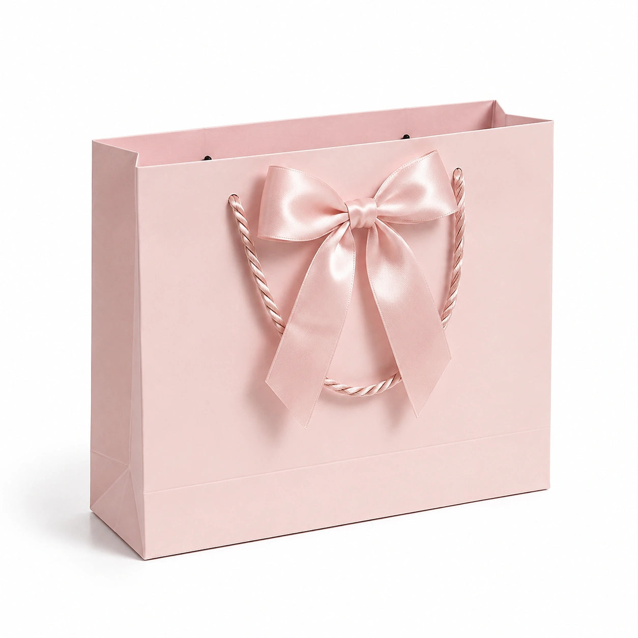 Borsa regalo 32 x 12 x 26 cm in carta rosa con manici in corda e fiocco decorativo