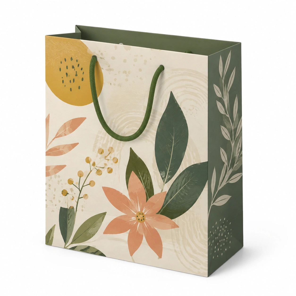 Borsa regalo 32 x 12 x 26 cm in carta verde bianco giallo e rosa con manici in corda - motivo botanico