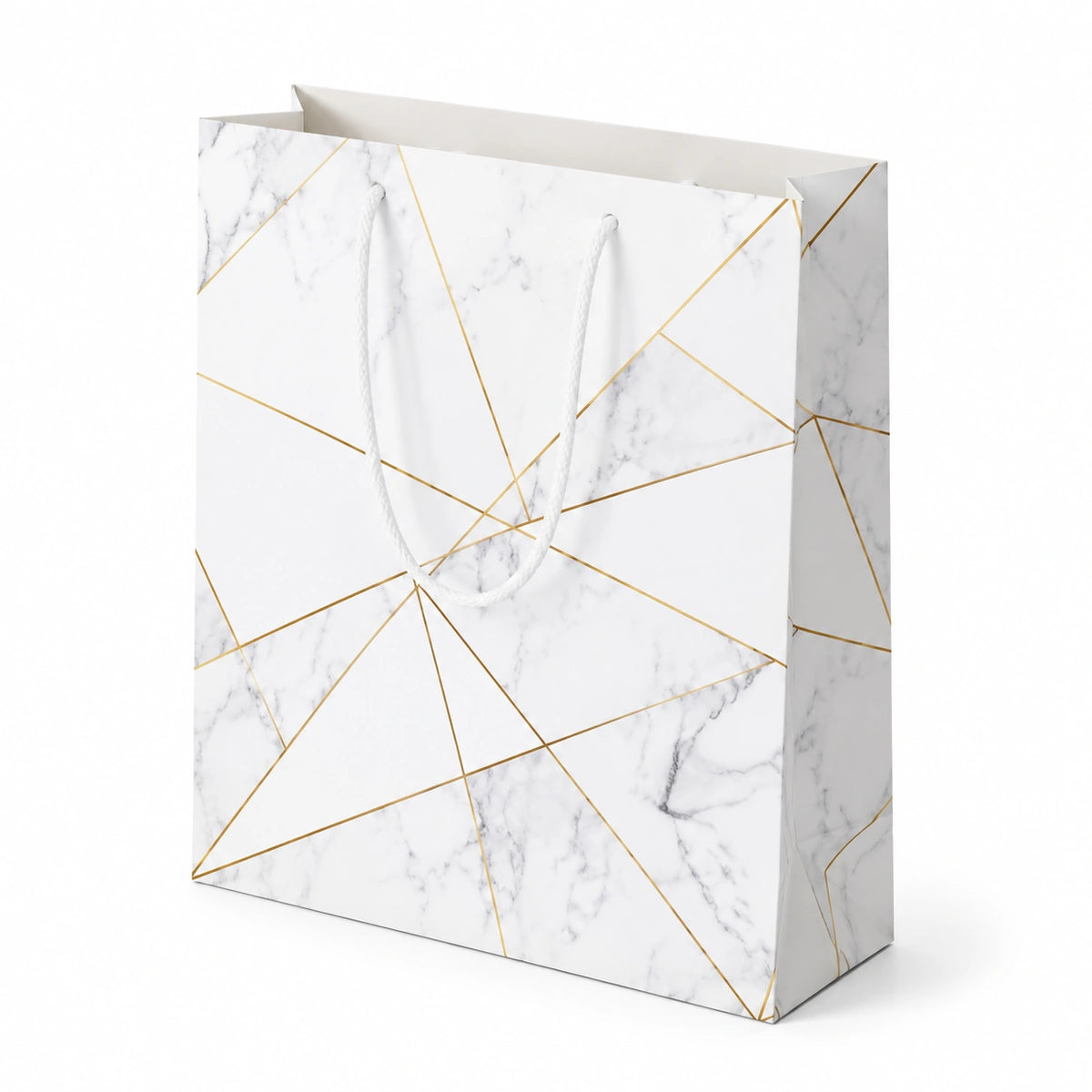 Borsa regalo 26 x 12 x 32 cm in carta bianca effetto marmo con manici in corda