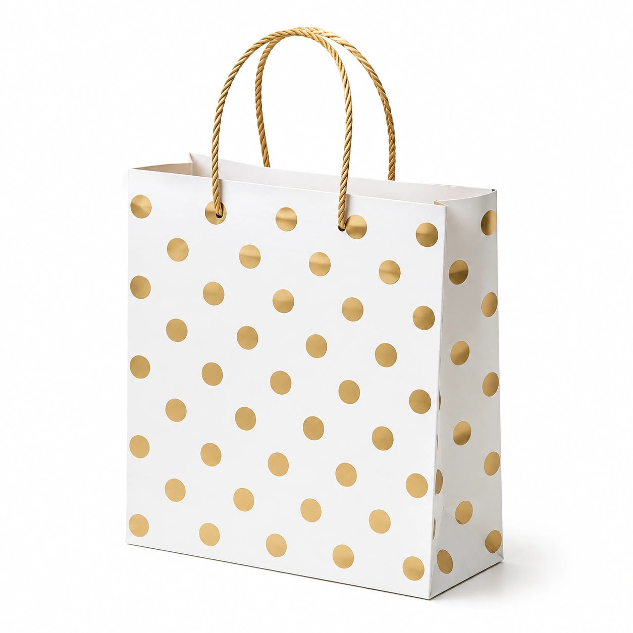 Borsa regalo 32 x 12 x 26 cm in carta bianca con pois dorati - manici in corda stile festivo