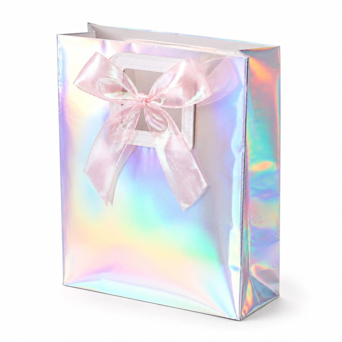 Borsa regalo 25 x 10 x 30 cm in PVC iridescente rosa con manici e fiocco decorativo
