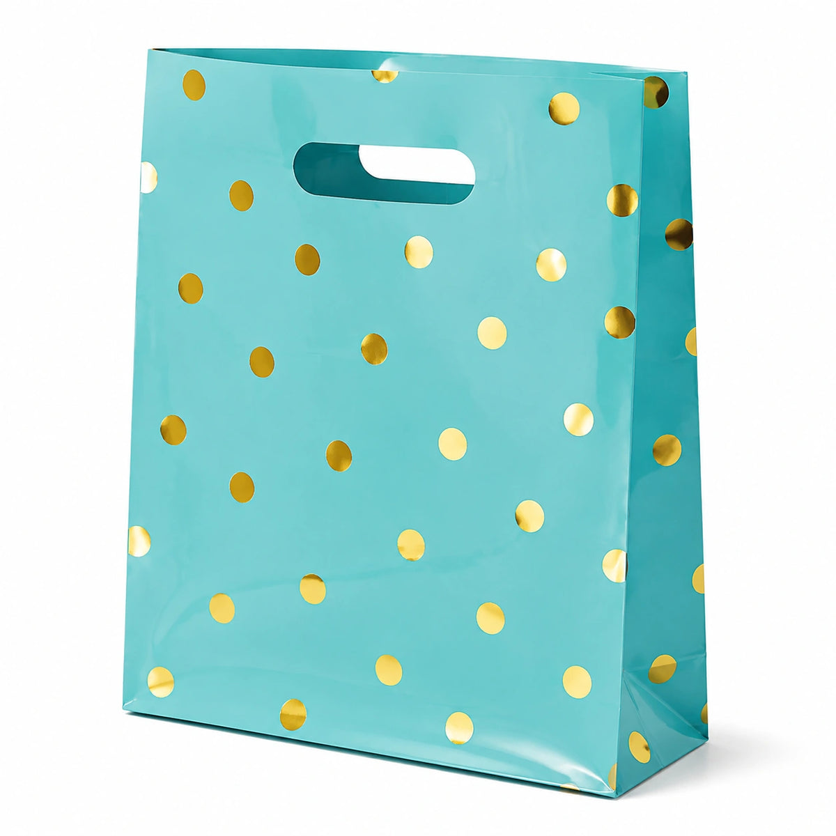 Sacchetto regalo 26 x 12 x 32 cm in carta turchese con pois dorati - con manici fustellati