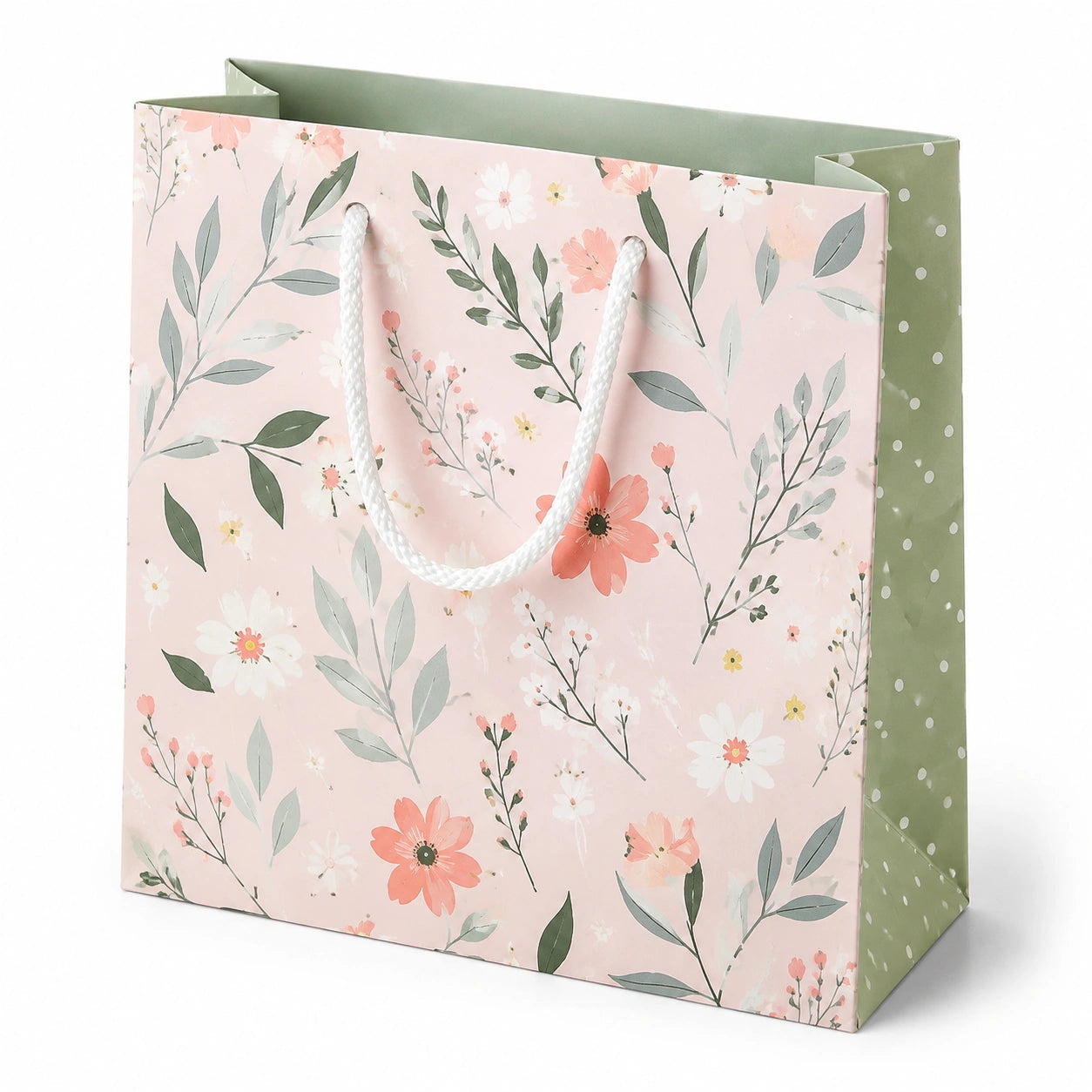 Sacchetto regalo 32 x 12 x 26 cm in carta rosa e verde con manici in corda stile floreale