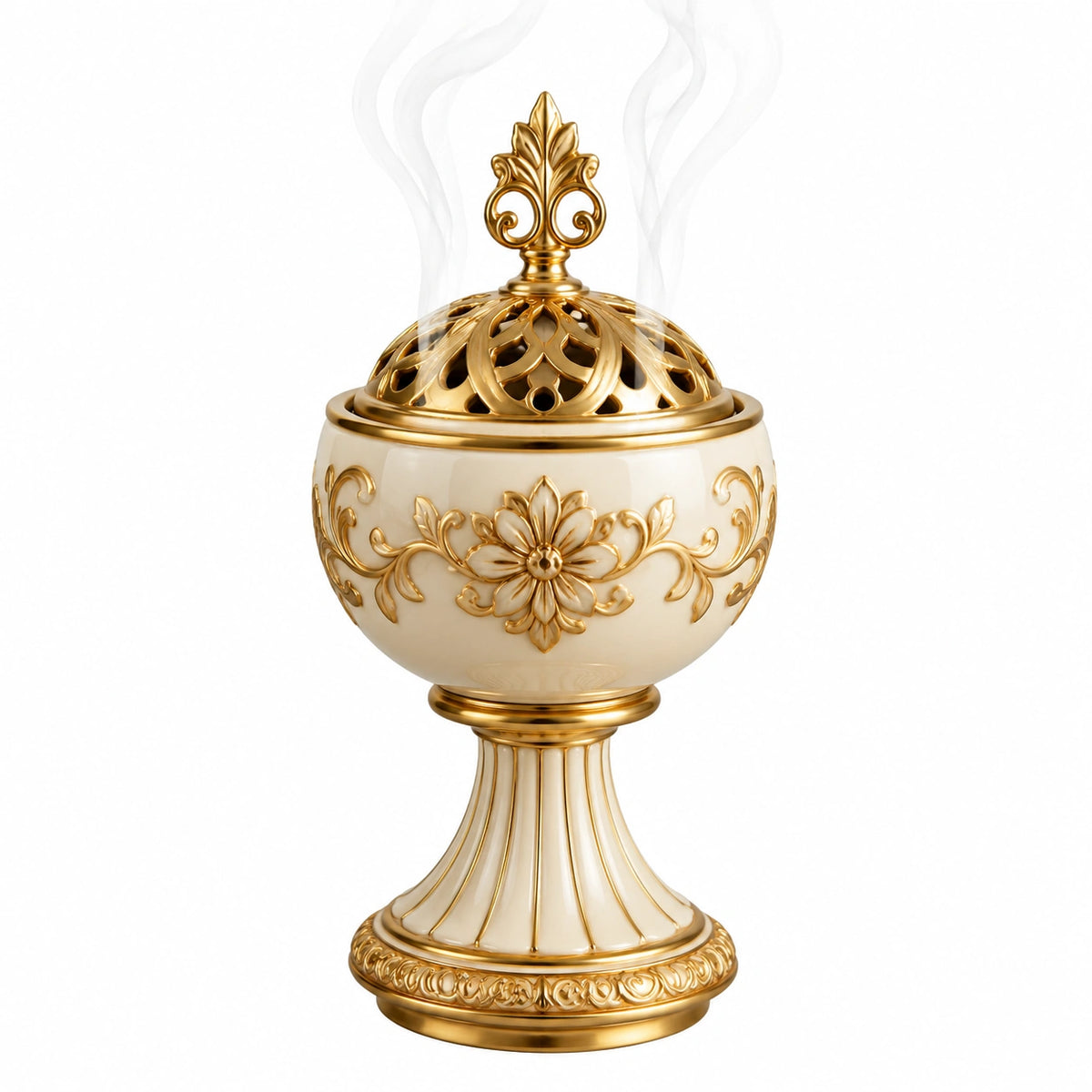 Bruciatore di incenso in ceramica 18 x 18 x 32 cm bianco e oro con coperchio traforato stile classico