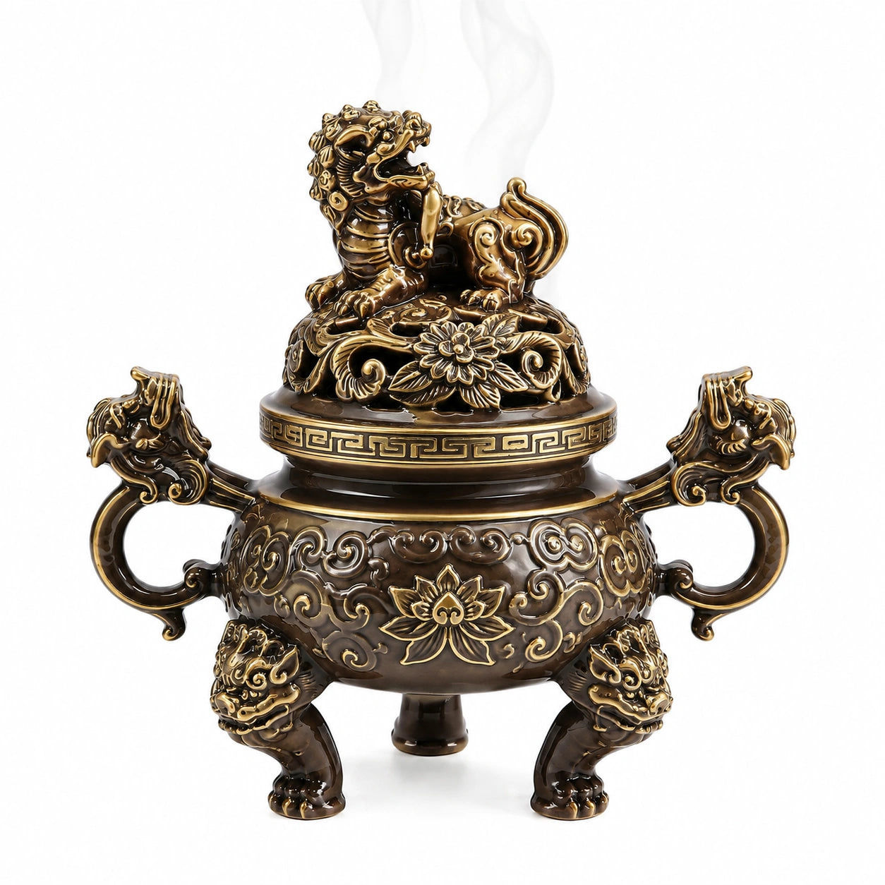 Bruciatore d'incenso 20 x 16 x 25 cm in ceramica marrone e oro con coperchio traforato decorativo