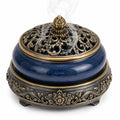 Bruciatore d'incenso rotondo diametro 15 cm in ceramica blu e metallo traforato stile classico
