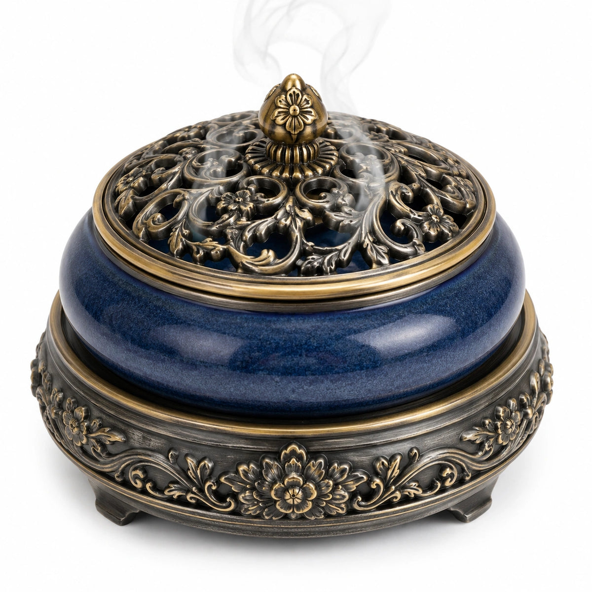 Bruciatore d'incenso rotondo diametro 15 cm in ceramica blu e metallo traforato stile classico