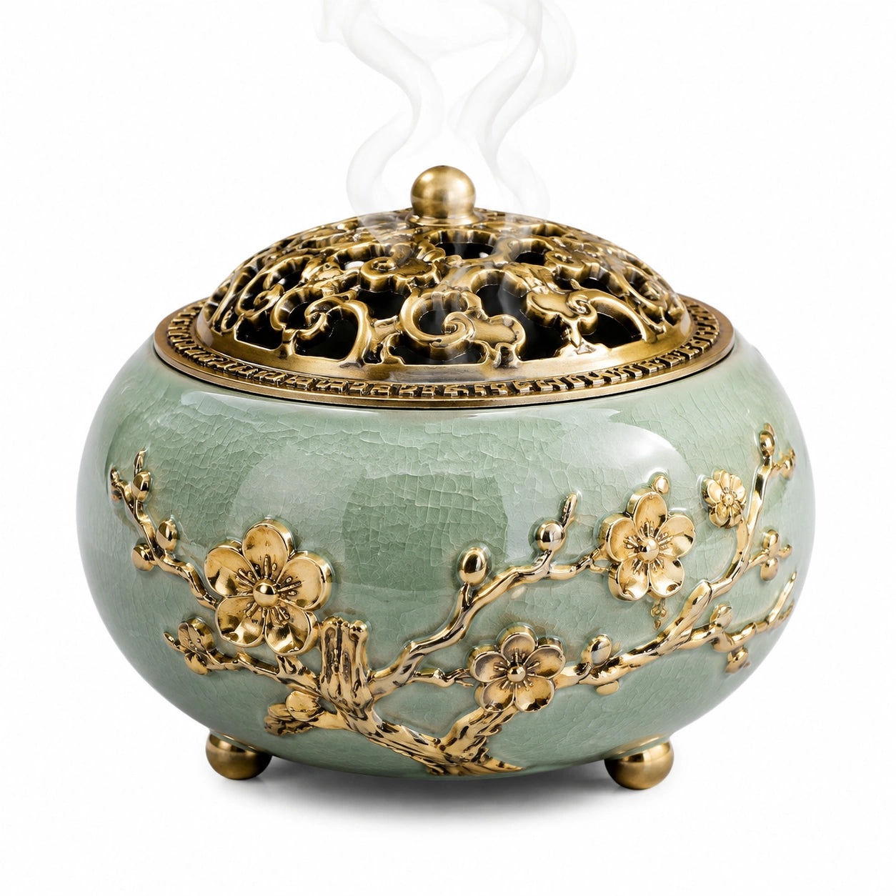 Bruciatore d'incenso Ø18 cm in ceramica verde salvia e metallo dorato con coperchio traforato floreale