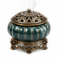 Bruciatore di incenso Ø18 cm in ceramica verde con coperchio traforato in metallo stile classico