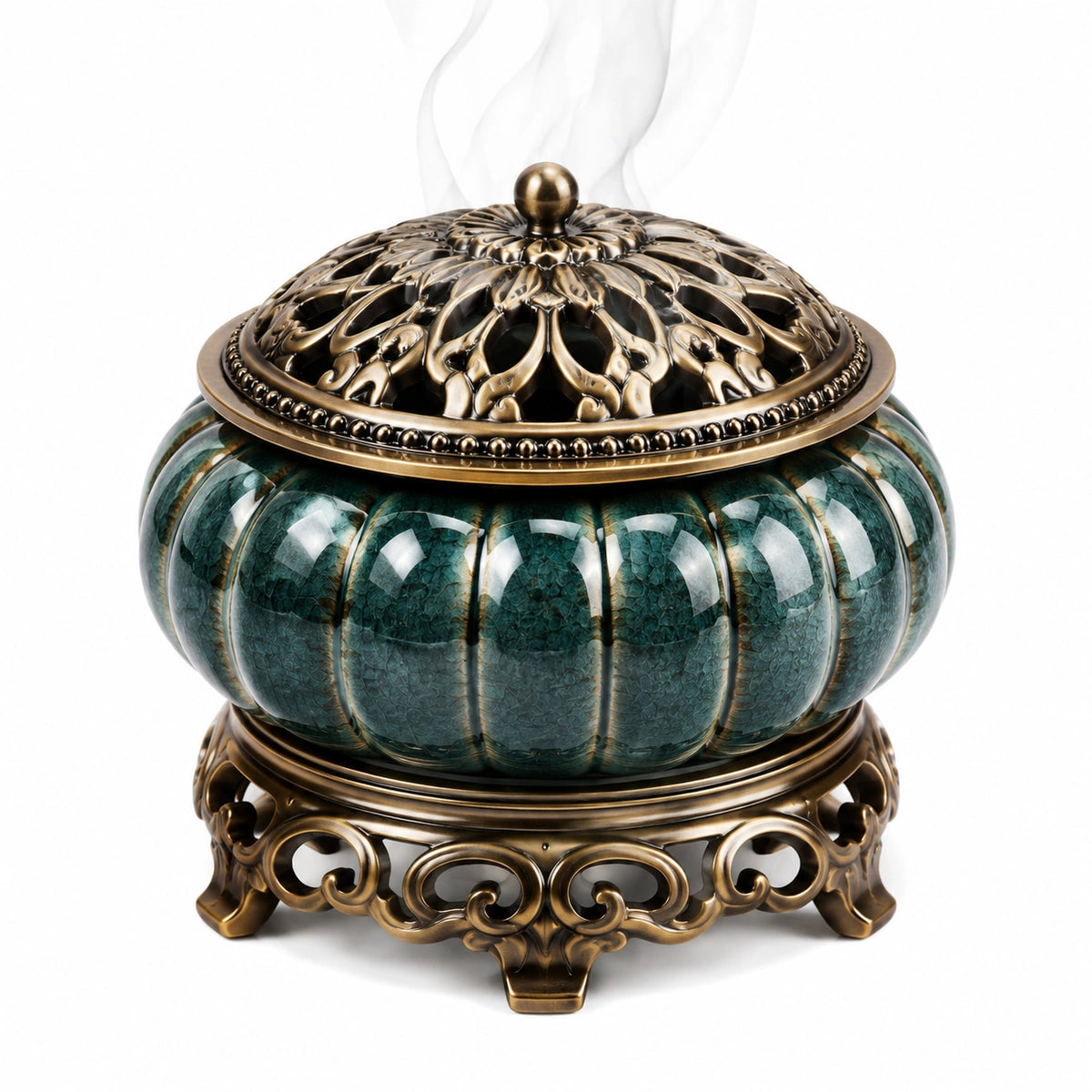 Bruciatore di incenso Ø18 cm in ceramica verde con coperchio traforato in metallo stile classico