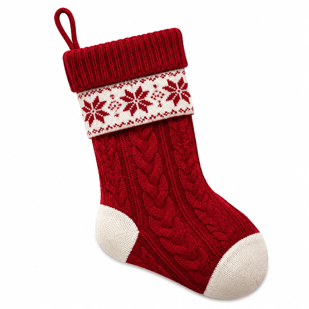 Calza decorativa natalizia taglia unica in tessuto a maglia rosso e bianco con motivo fiocchi di neve
