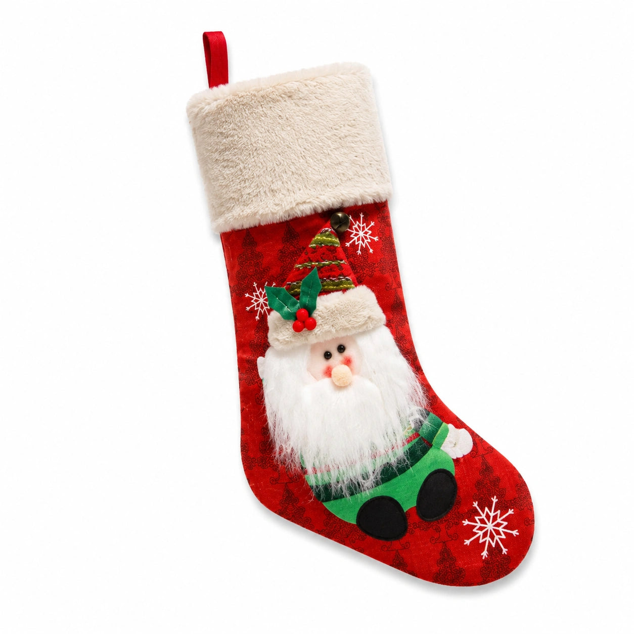 Calza natalizia decorativa 45 cm rossa in tessuto sintetico con Babbo Natale e gancio