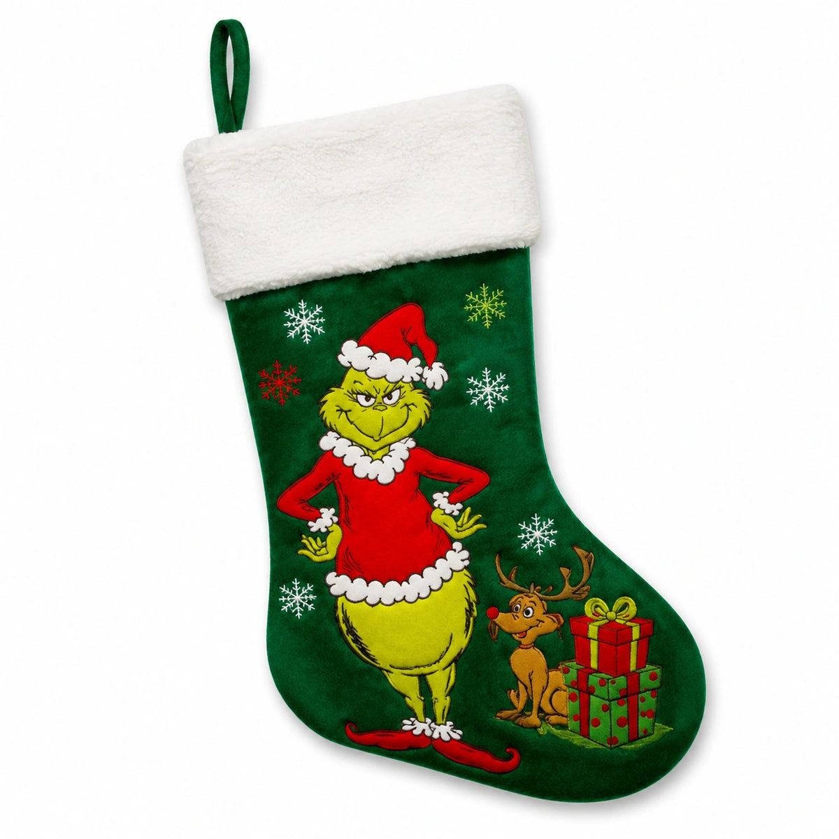 Calza natalizia decorativa 45 cm in tessuto peluche verde con personaggio festivo