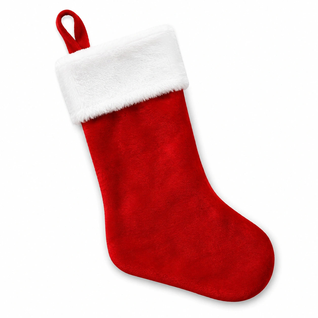 Calza decorativa taglia unica in tessuto peluche rosso e bianco con passante da appendere