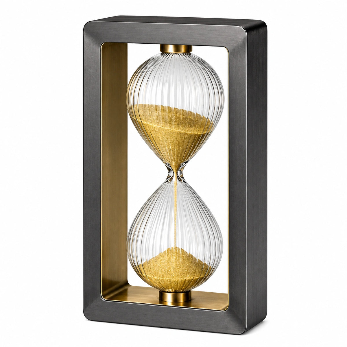 Clessidra da tavolo 30 x 20 x 8 cm in vetro trasparente con sabbia dorata e supporto in metallo nero stile moderno