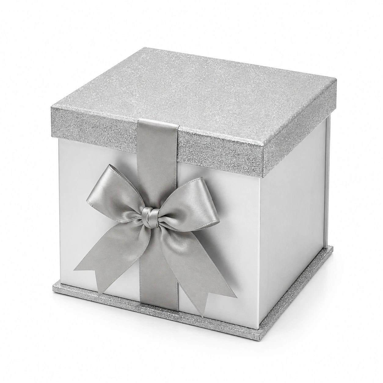 Scatola regalo 20 x 20 x 20 cm in cartone bianco e argento con coperchio e fiocco decorativo