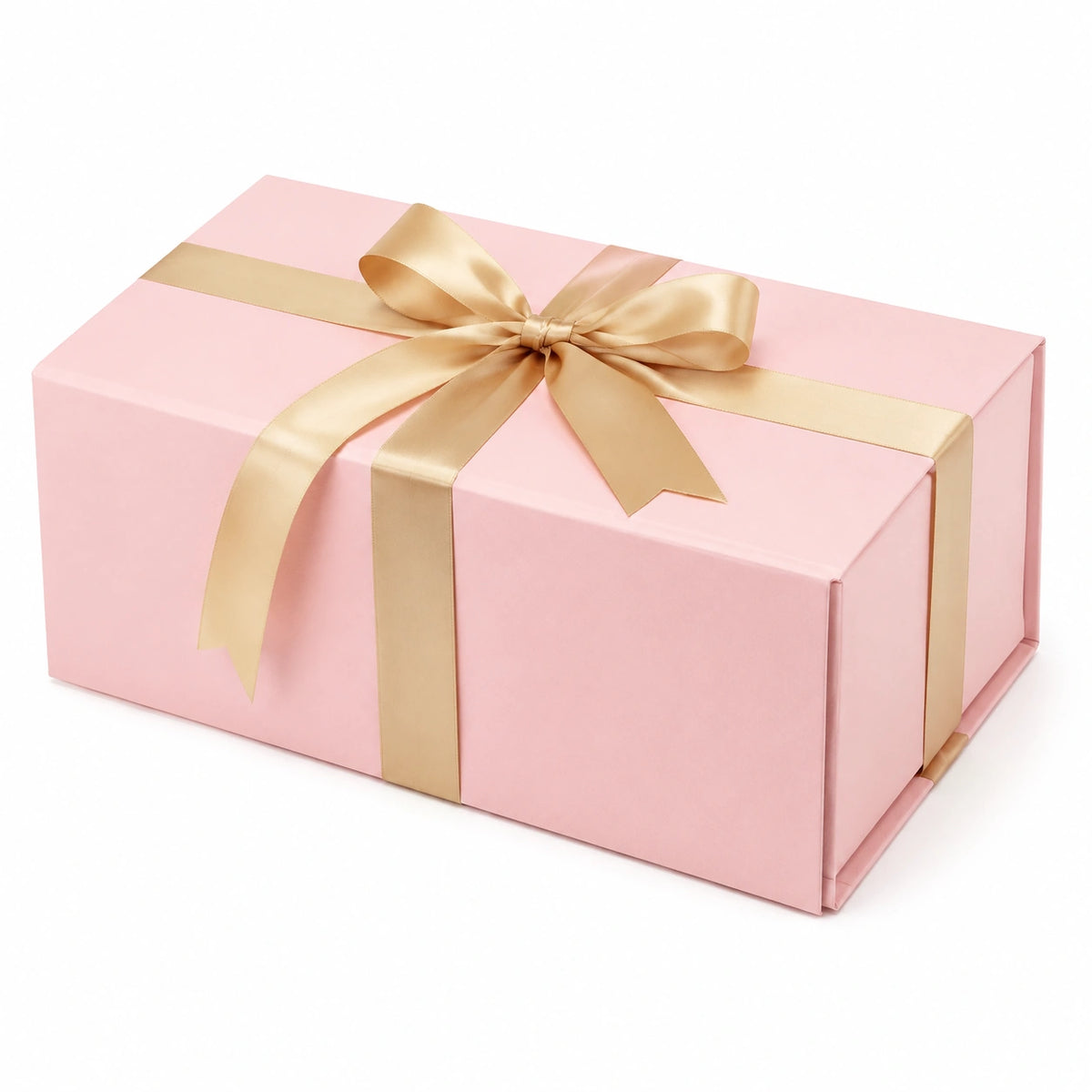 Scatola regalo 30 x 20 x 10 cm in cartone rosa con nastro dorato e fiocco