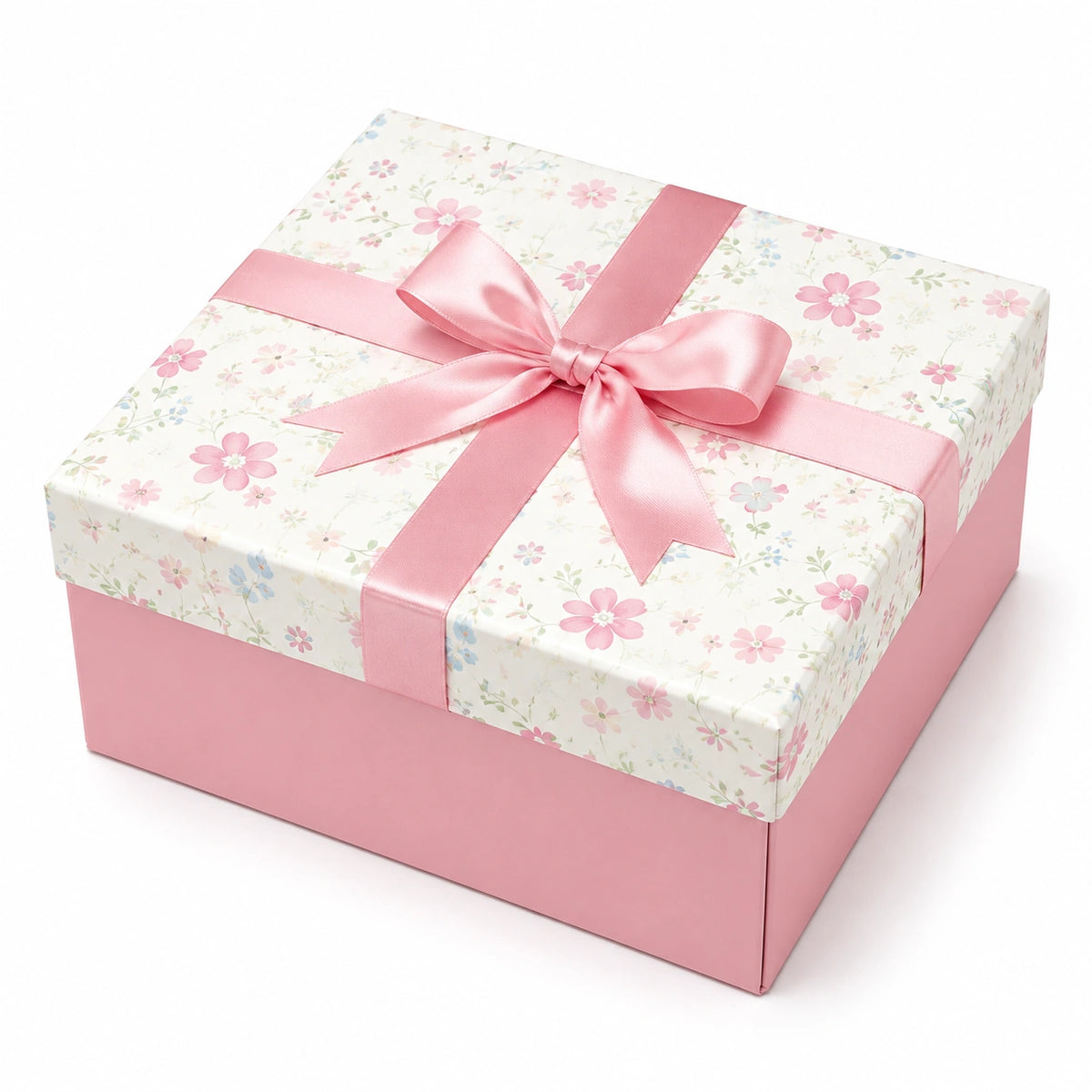 Scatola regalo 25 x 25 x 12 cm in cartone rosa con motivo floreale e nastro decorativo