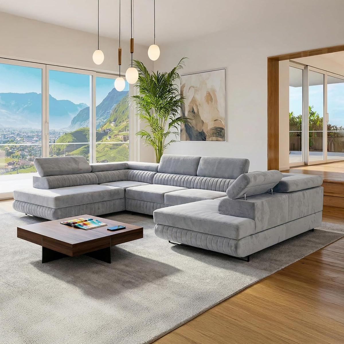 Sofa narożna, SOFILAND, 345 x 202 cm, Szary/Beżowy, funkcja spania