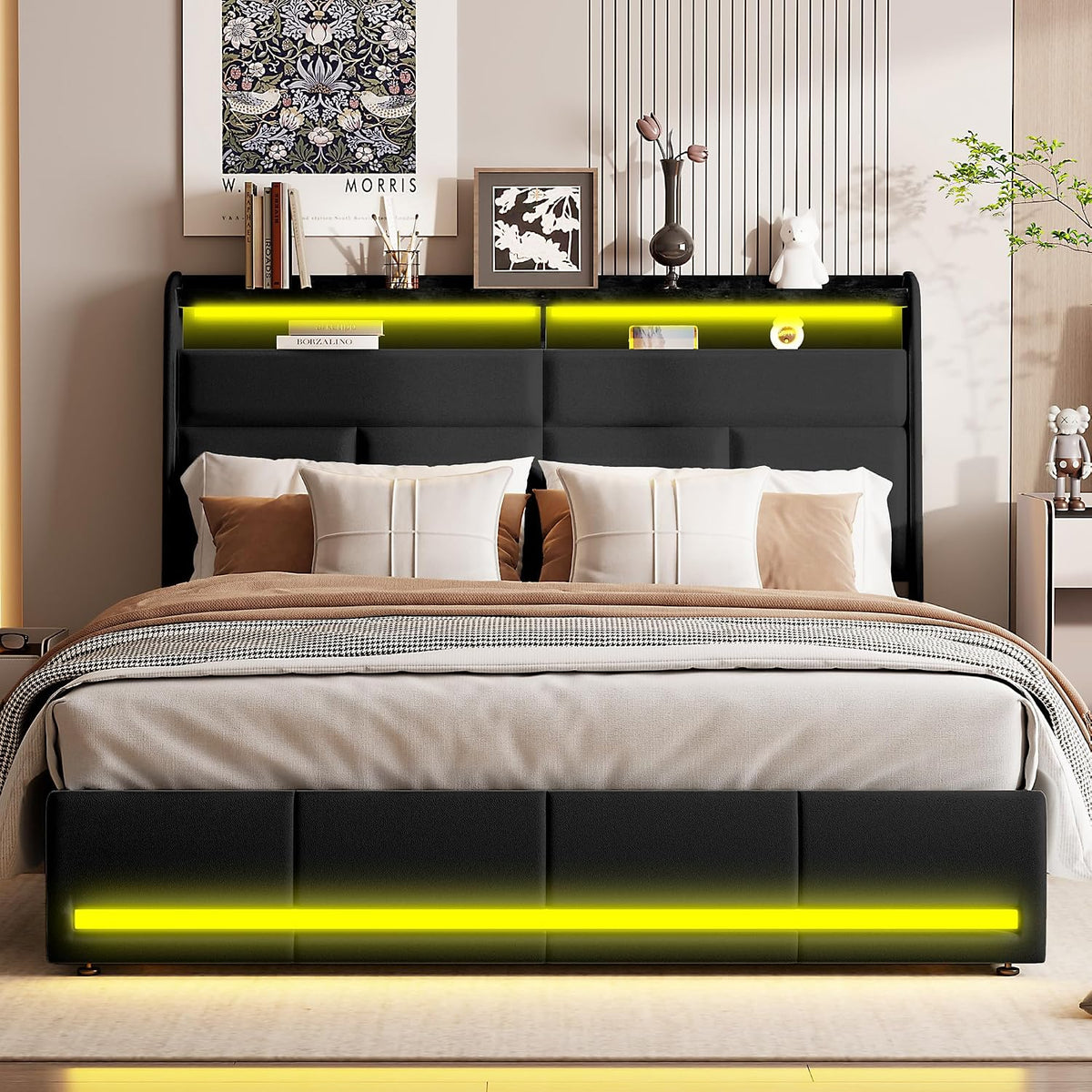 Rama łóżka, EZSSW, 140 x 200 cm, Czarny, metal, miejsce do przechowywania, oświetlenie LED, USB