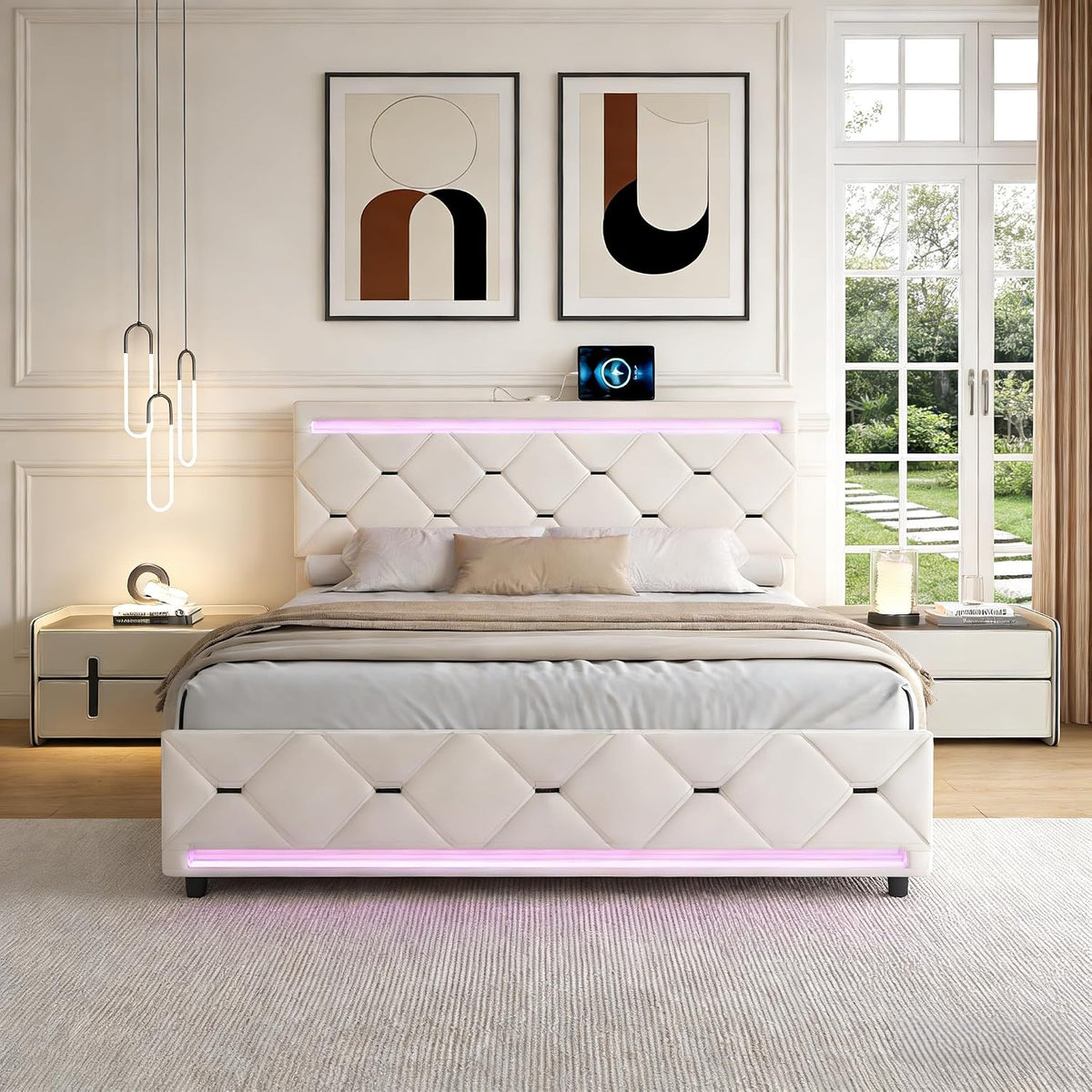 HYNHXBP, Łóżko tapicerowane, 140 x 190 cm, Szary/Beżowy, MDF, 4 szuflad, oświetlenie LED, USB