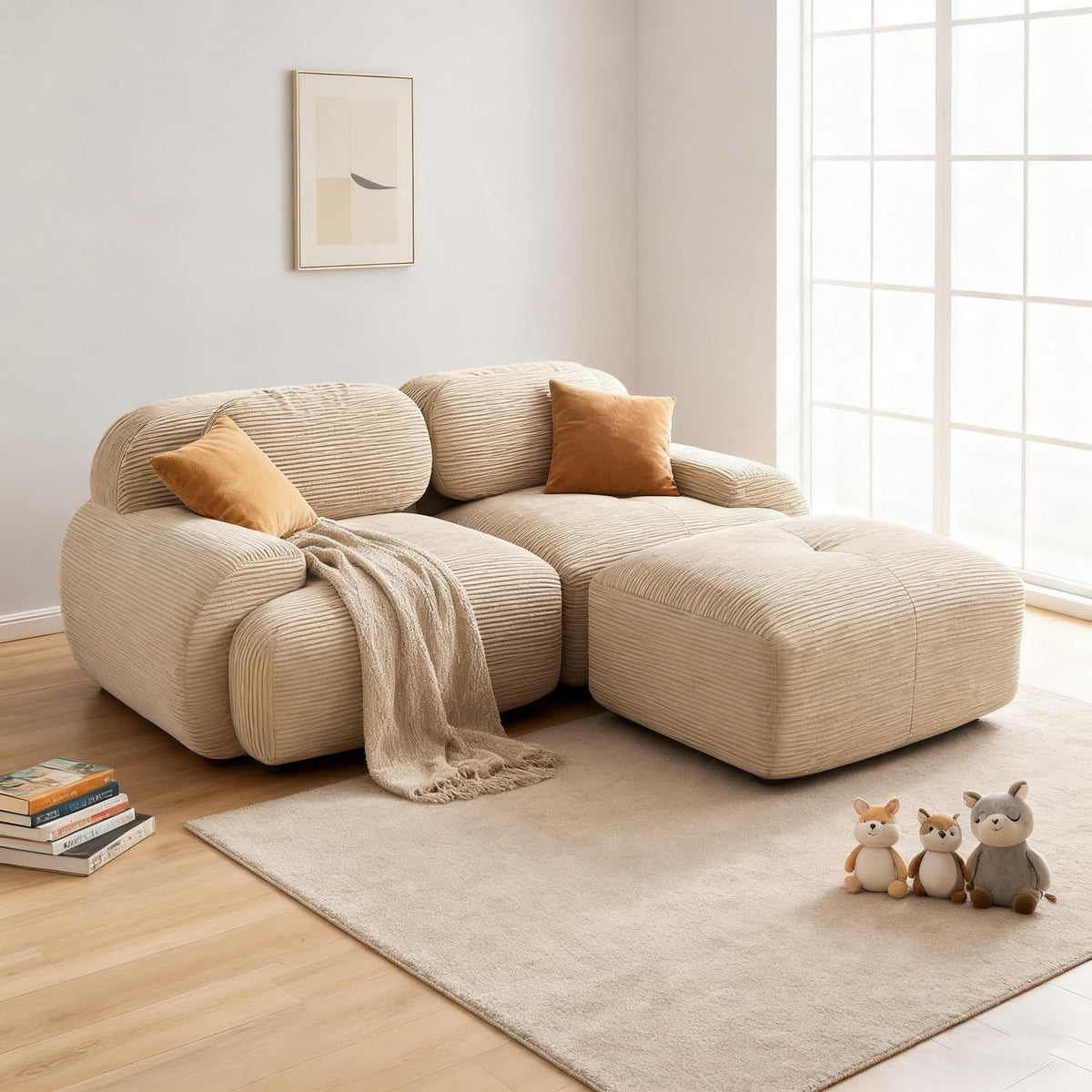 Sofa narożna, FURNISH 1, 82 cale, Beżowy, sztruks, 2-osobowa, modułowa konstrukcja