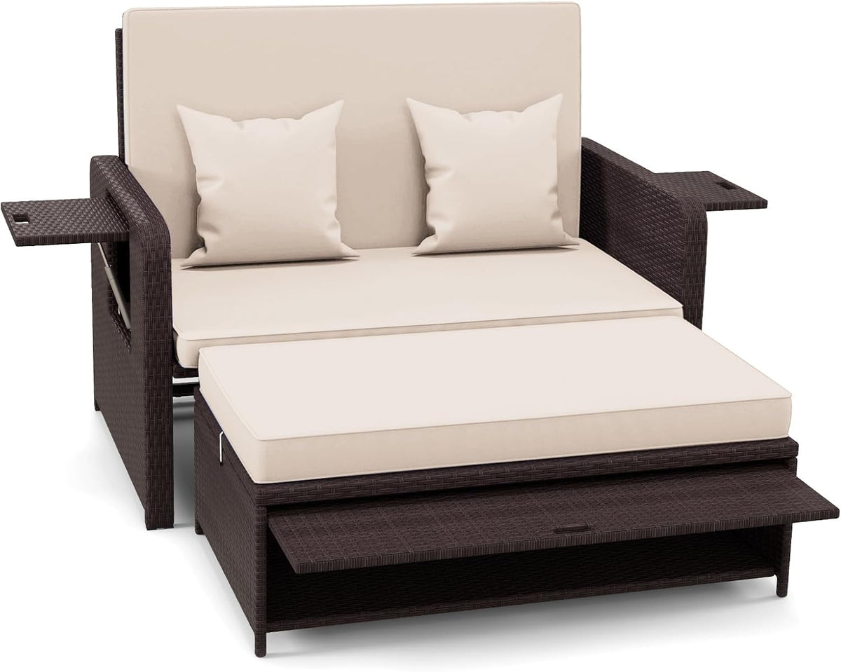 Sofa, LIFEZEAL, 360 kg, 110 x 60 x 31 cm, 3 W, Biały/Beżowy, polirattan, 2-osobowa, regulowane oparcie, składana konstrukcja, 3 w 1