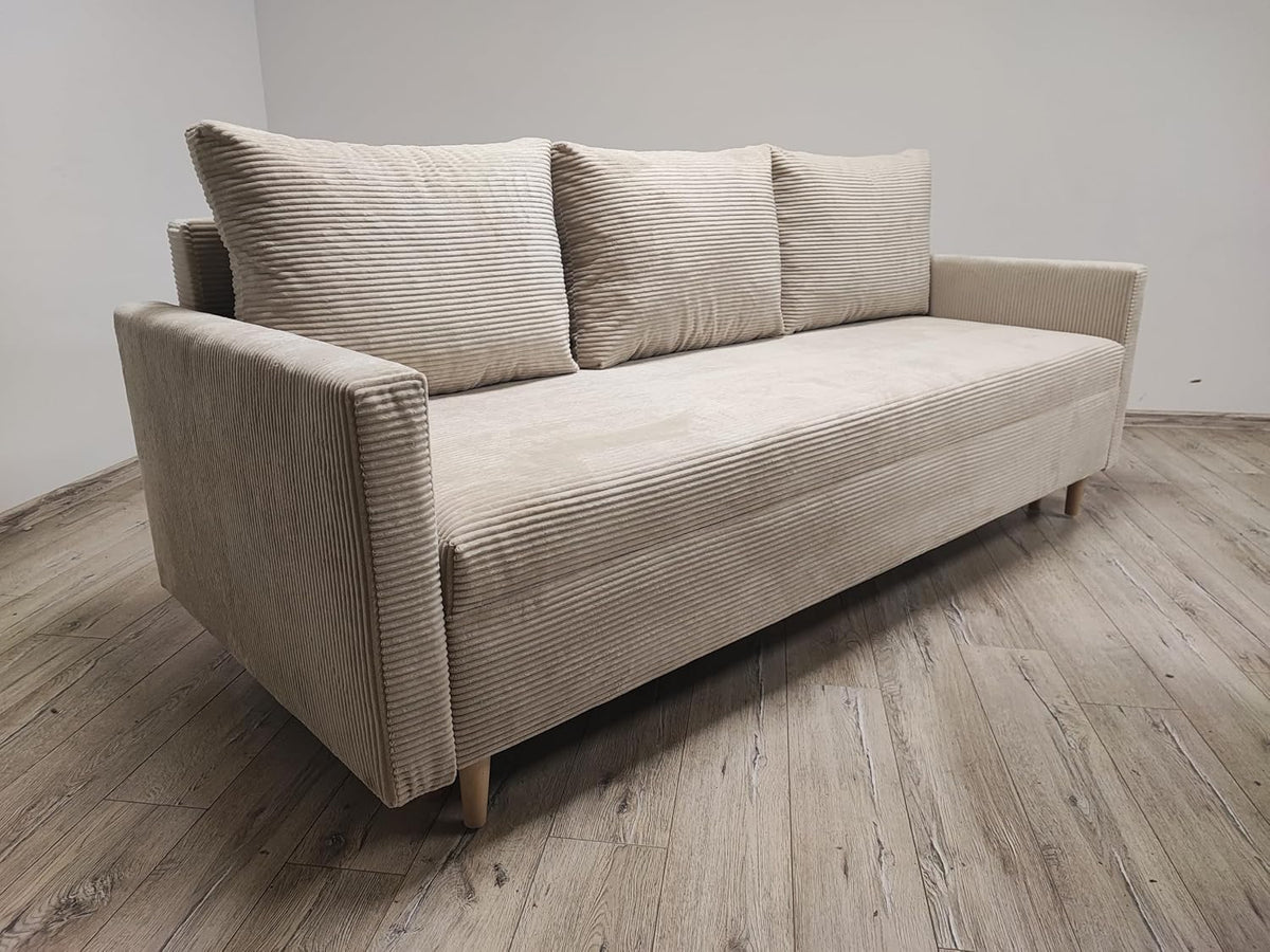 Sofa, DMSM, 210 x 88 x 90 cm, 30 W, Beżowy, sztruks, 3-osobowa, funkcja spania