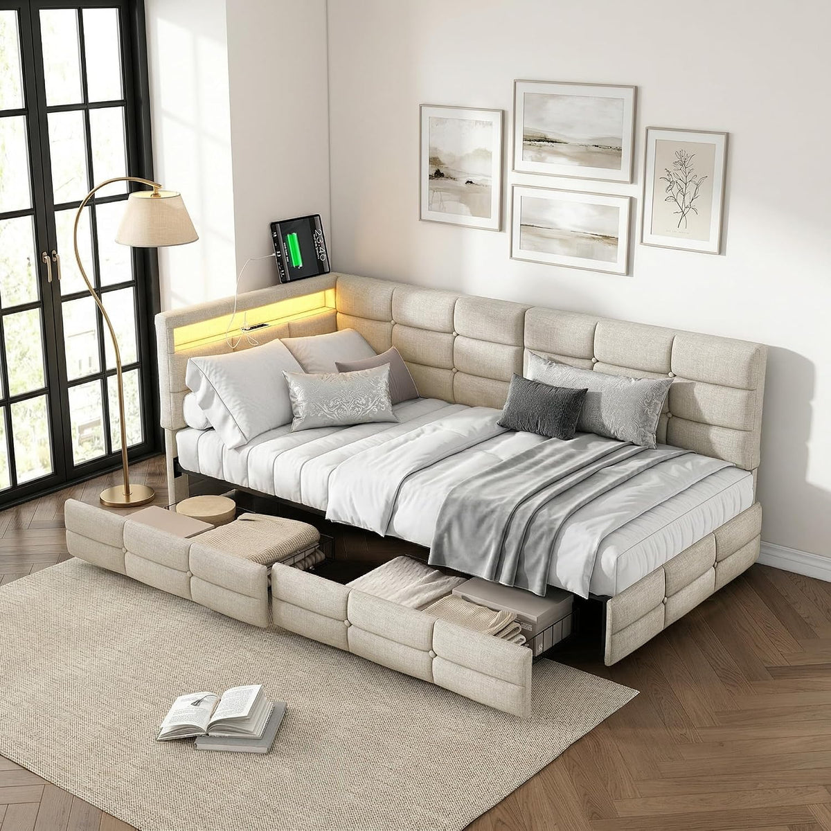 Sofa, RXMORI, 90 x 200 cm, Beżowy, aksamit, funkcja spania, miejsce do przechowywania, 2 szuflad