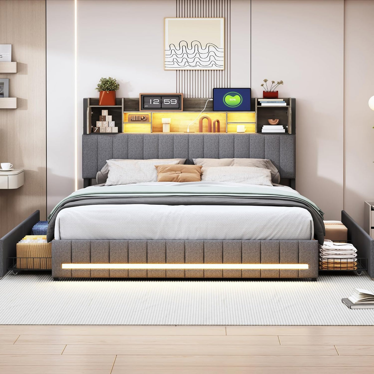 LLODERY, Łóżko tapicerowane, 140 x 200 cm, Szary/Biały, MDF, 4 szuflad, oświetlenie LED, USB, pilot zdalnego sterowania