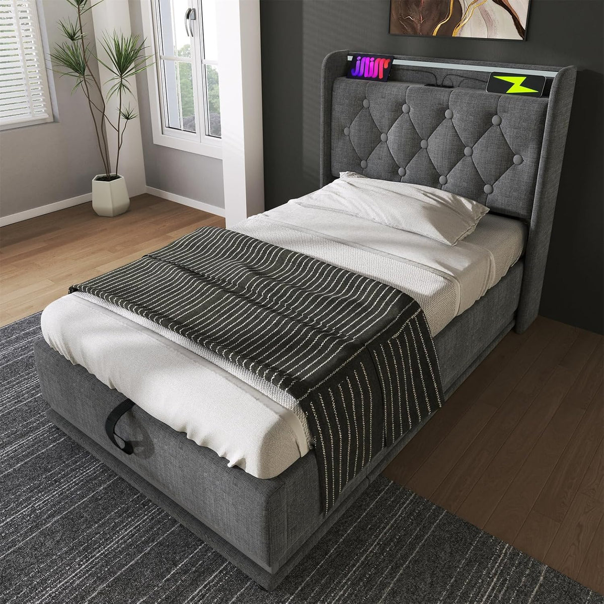 Łóżko tapicerowane, GYQSSD, 200 cm, Szary, miejsce do przechowywania, oświetlenie LED, USB, pilot zdalnego sterowania, timer