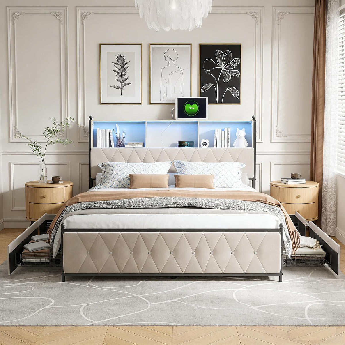 DAHUEN, Łóżko tapicerowane, 160 x 200 cm, Beżowy, aksamit, 4 szuflad, oświetlenie LED, USB