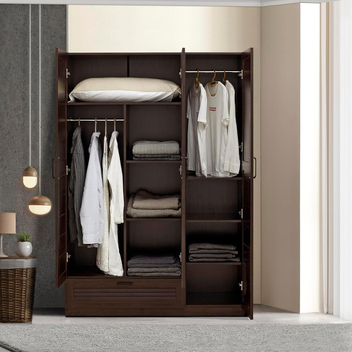 Szafa do sypialni, en.casa, 176 x 80 x 52 cm, Szary/Brązowy, MDF, miejsce do przechowywania, 1 szuflad