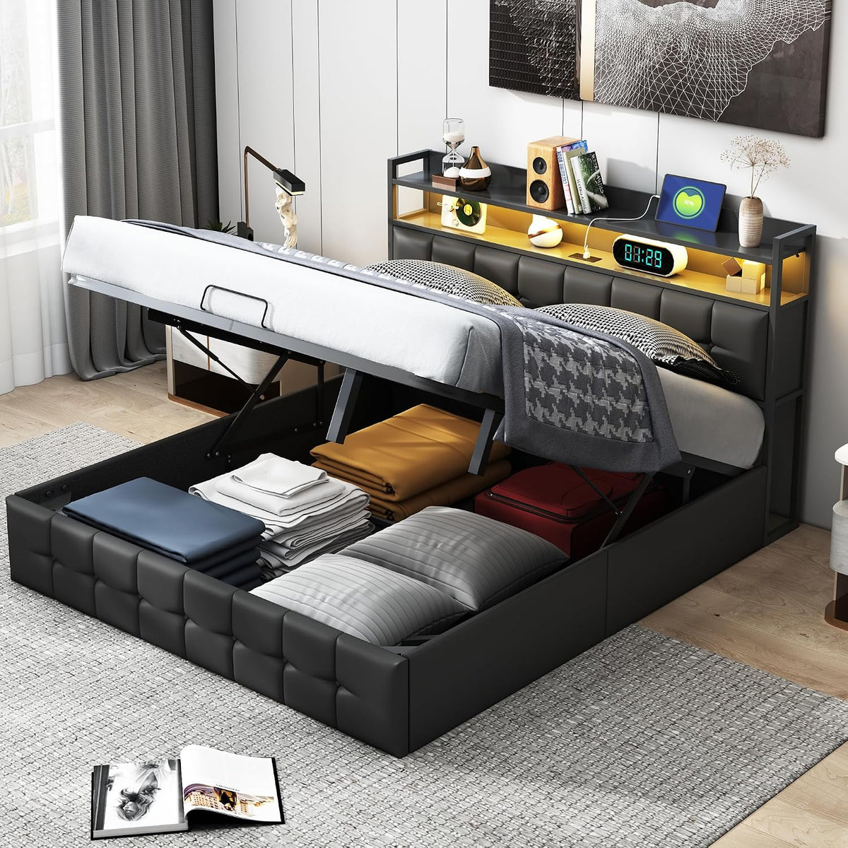 Łóżko tapicerowane, RWUDV, 140 x 200 cm, Szary/Czarny, MDF, oświetlenie LED, USB, pilot zdalnego sterowania