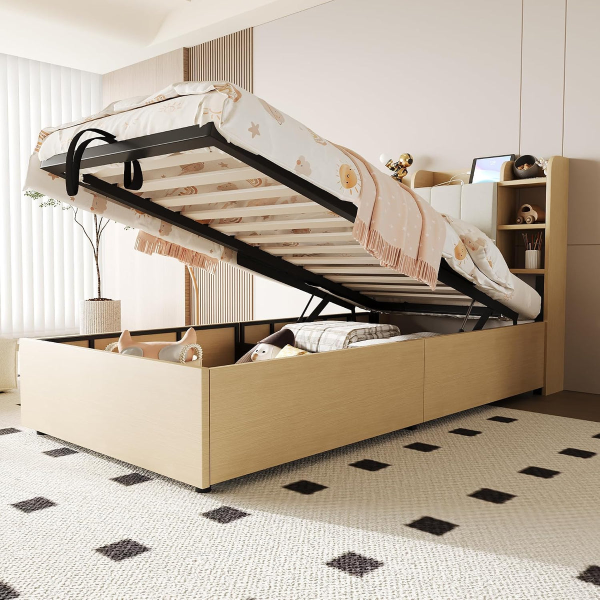Rama łóżka, Generisch, 90 x 200 cm, 5 V, Biały/Beżowy, MDF, oświetlenie LED, USB