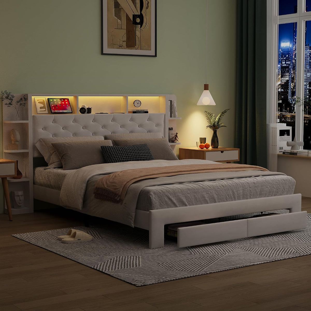 Łóżko tapicerowane, HYNHXBP, 140 x 200 cm, 5 V, Brązowy/Żółty, lite drewno, miejsce do przechowywania, 2 szuflad, oświetlenie LED, USB