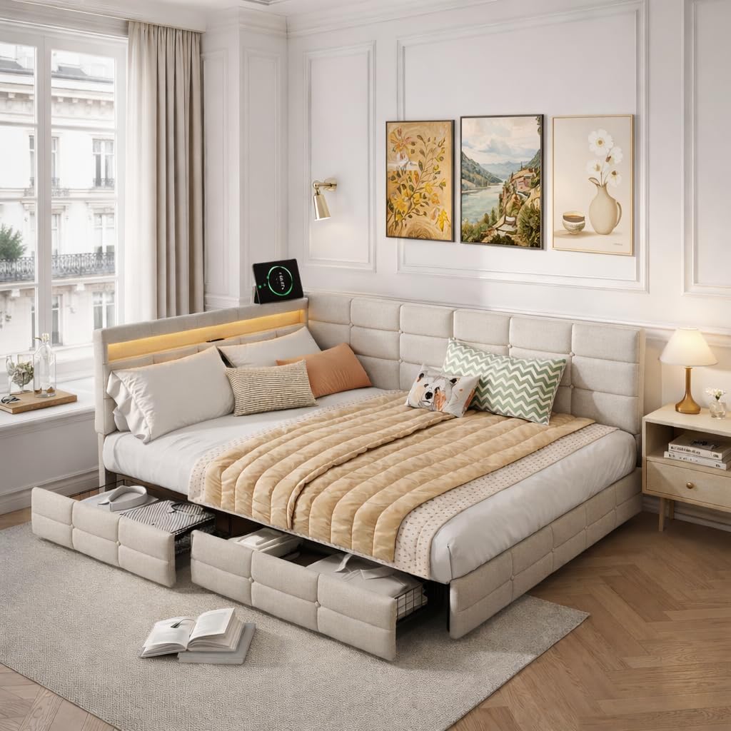 Sofa, MIOOSUT, 140 x 190 cm, Beżowy, 2-osobowe, oświetlenie LED, USB