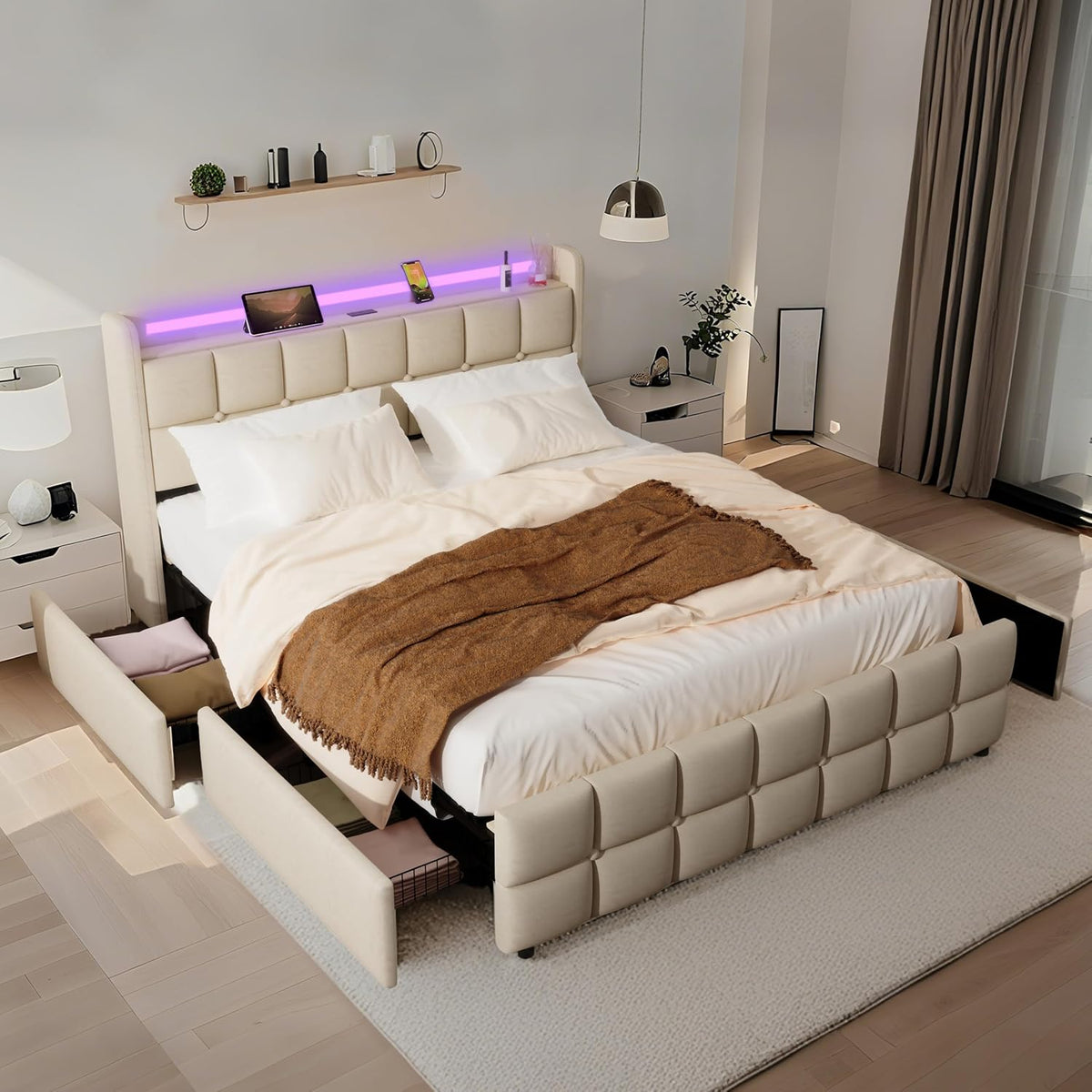 Łóżko tapicerowane, XMETPR, 140x200 cm, Beżowy/Brązowy, 4 szuflad, oświetlenie LED, USB, pilot zdalnego sterowania