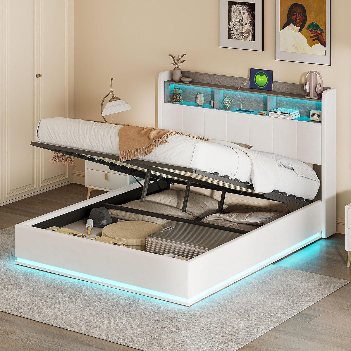 Rama łóżka, HYTKKBD, 140 x 190 cm, Biały, metal, miejsce do przechowywania, oświetlenie LED, USB