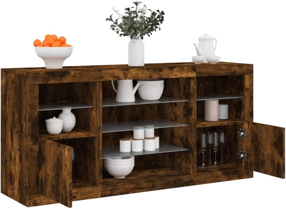 Kredens, Bucmath, 142,5 x 37 x 67 cm, 5 V, Brązowy, materiał drewnopochodny, miejsce do przechowywania, oświetlenie LED, USB