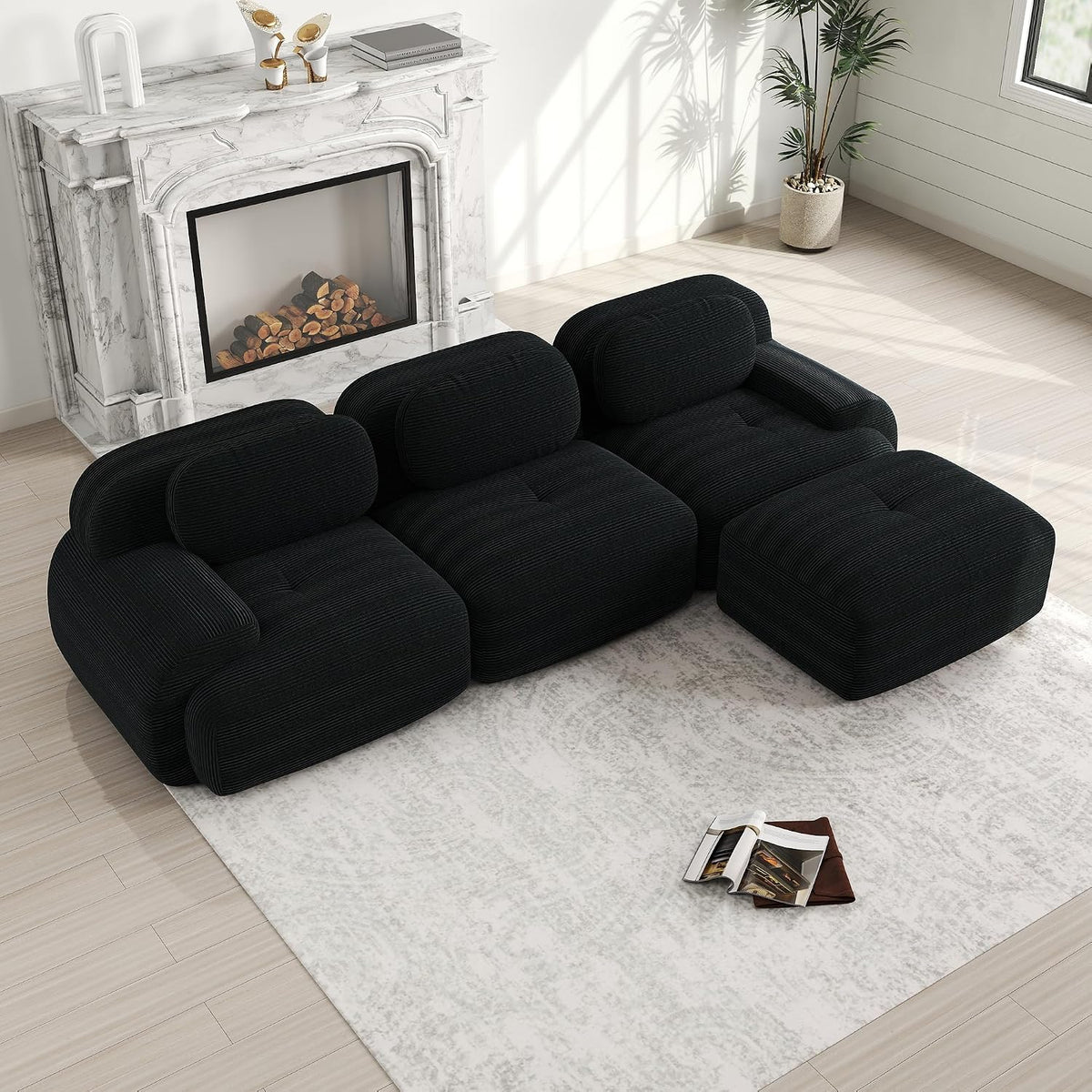 Sofa, Luscriate, 74 cm, Czarny, sztruks, 3-osobowa, modułowa konstrukcja