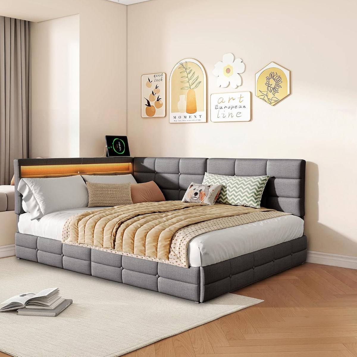 Łóżko tapicerowane, KOOPMAD, 140 x 200 cm, Beżowy/Biały, metal, miejsce do przechowywania, oświetlenie LED, USB