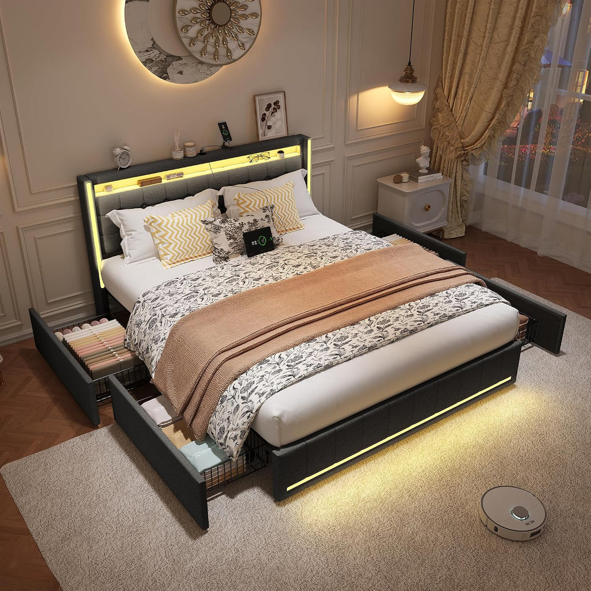Rama łóżka, KOOPMAD, 140 x 190 cm, Szary, 2-osobowe, 4 szuflad, oświetlenie LED, USB, pilot zdalnego sterowania