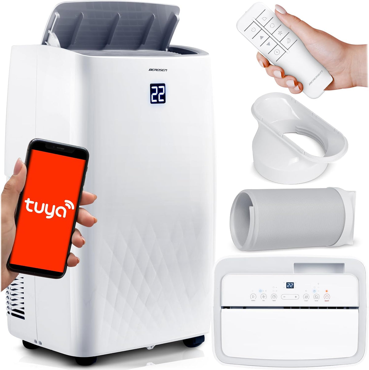 Berdsen, Klimatyzator przenośny, 14000 BTU, 34 l, 41 × 31 × 70 cm, Biały, Wi-Fi, pilot zdalnego sterowania, timer, 5 w 1