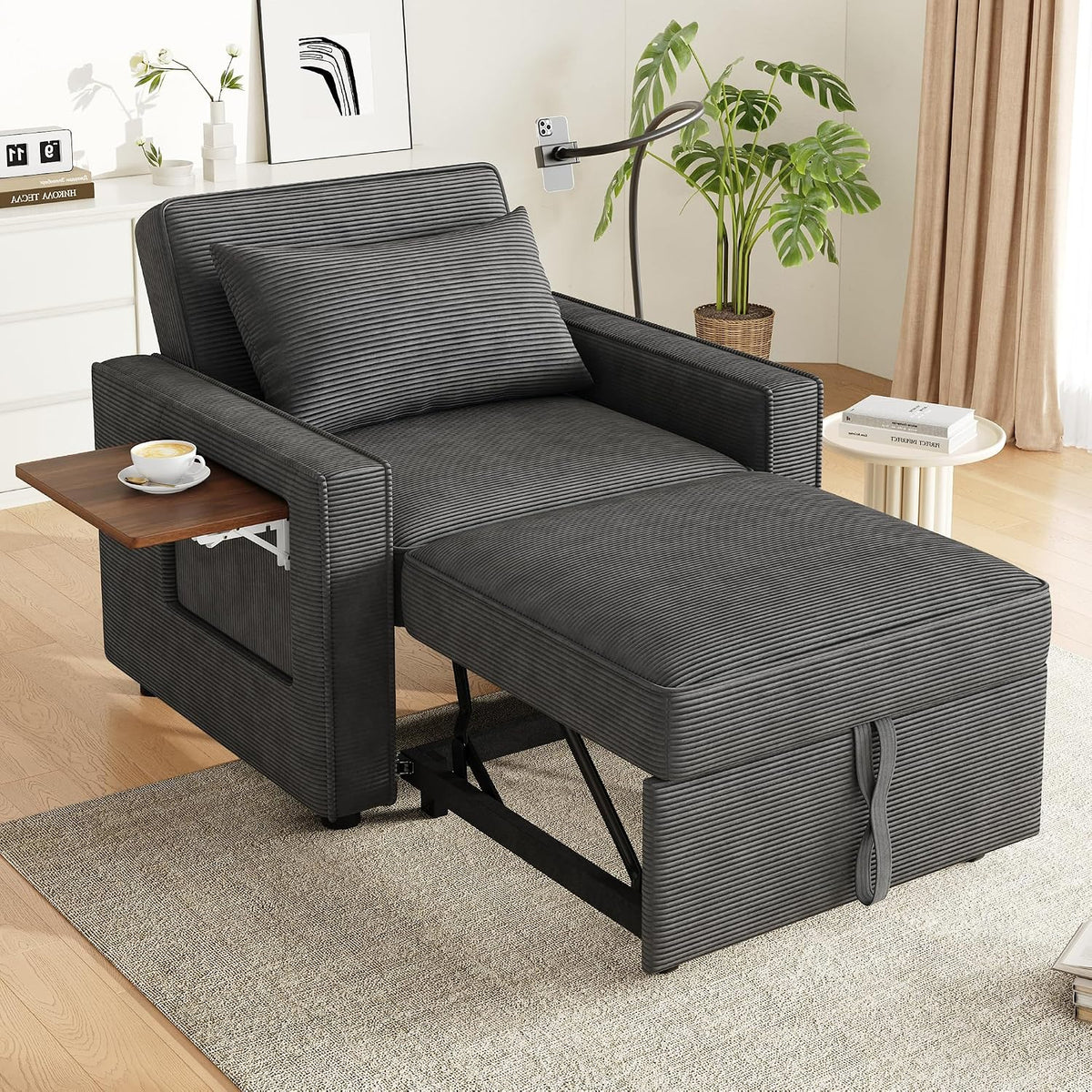 Sofa rozkładana, VSOGA, Szary/Beżowy, sztruks, 1-osobowy, regulowane oparcie, składana konstrukcja, USB, pilot zdalnego sterowania