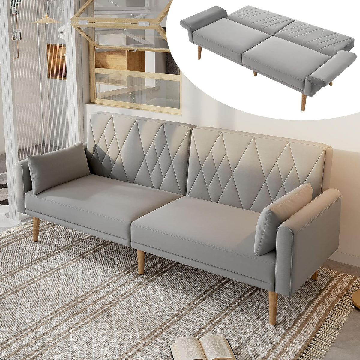 Sofa, Aislinglen, 180 x 75 x 82 cm, Szary/Beżowy, lite drewno, 2-osobowa, funkcja spania, składana konstrukcja