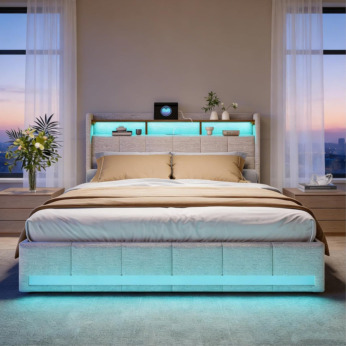 Łóżko tapicerowane, BRILVERDE, 160 x 200 cm, Niebieski/Brązowy, metal, miejsce do przechowywania, 4 szuflad, oświetlenie LED, USB, timer
