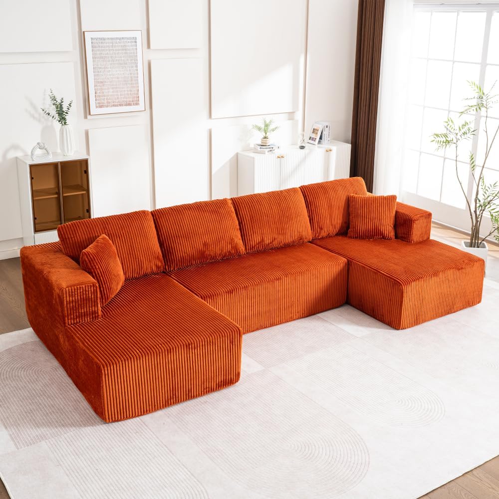 Sofa, MUZHIXIANG, 332 x 156 x 88 cm, Pomarańczowy, sztruks, 3-osobowa, funkcja spania, modułowa konstrukcja
