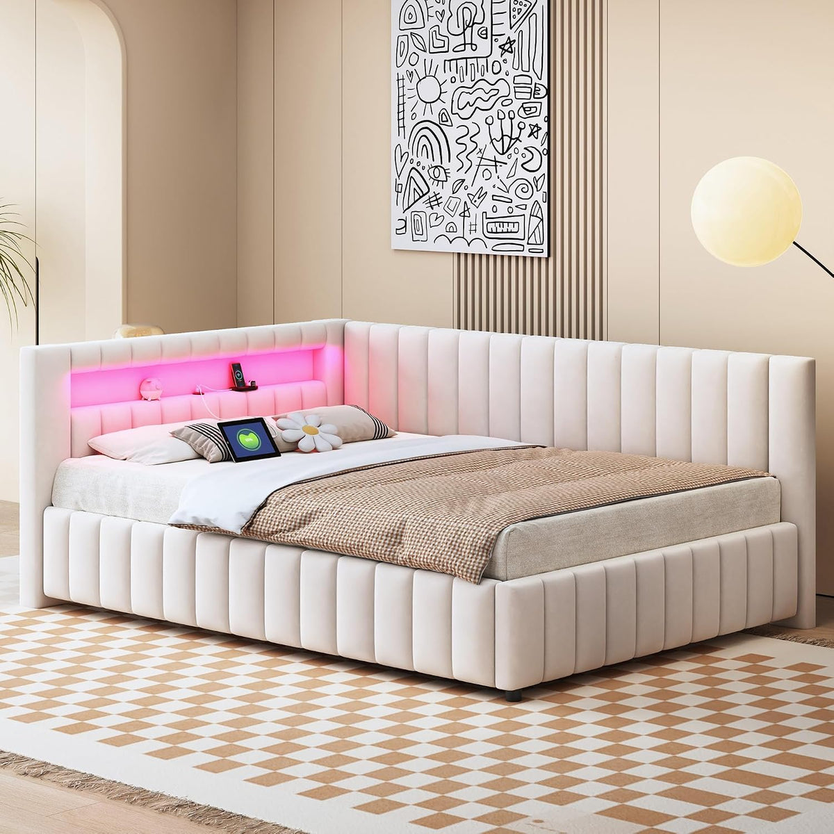 Sofa, Goldicoo, 140 x 200 cm, Beżowy, aksamit, oświetlenie LED, USB