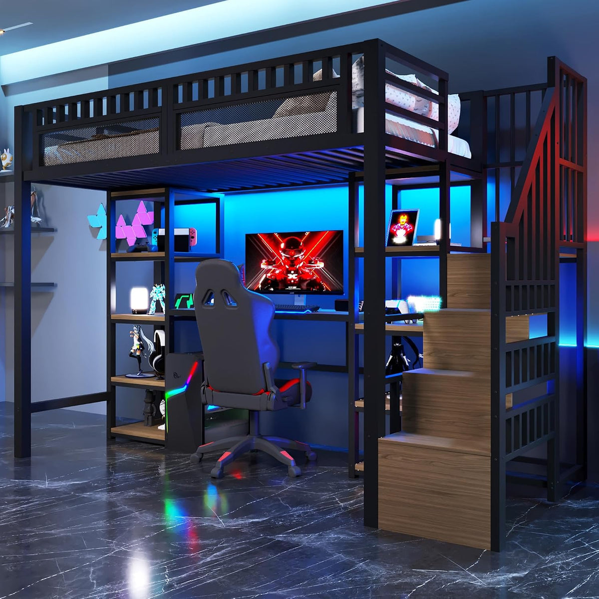 Łóżko z materacem, HUQIQWE, 90 x 200 cm, Czarny, MDF, oświetlenie LED, USB